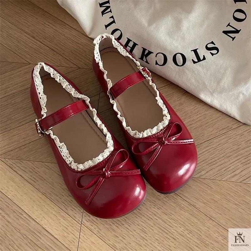 Lace Bow Mary Jane Flats - Fashionnsio