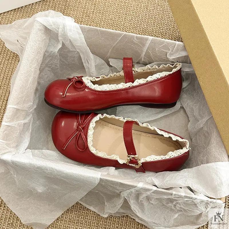 Lace Bow Mary Jane Flats - Fashionnsio
