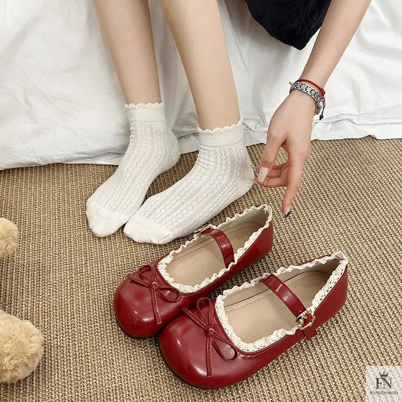 Lace Bow Mary Jane Flats - Fashionnsio