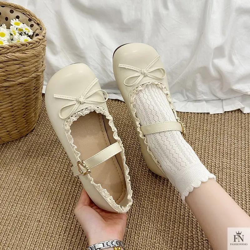 Lace Bow Mary Jane Flats - Fashionnsio