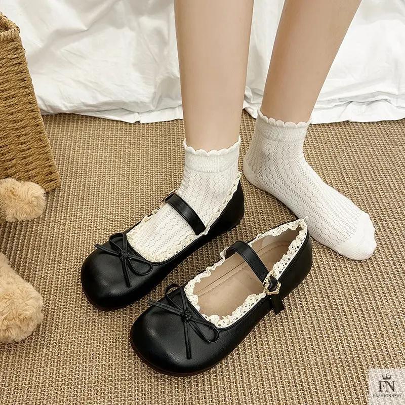 Lace Bow Mary Jane Flats - Fashionnsio