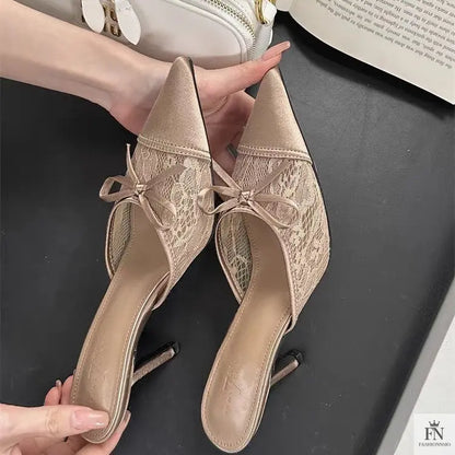 Lace Bowknot Pointed Heels - Fashionnsio