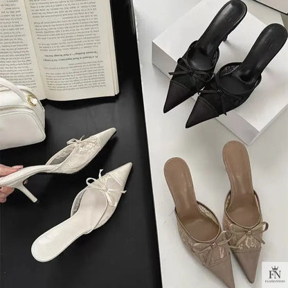 Lace Bowknot Pointed Heels - Fashionnsio