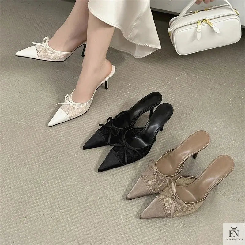 Lace Bowknot Pointed Heels - Fashionnsio