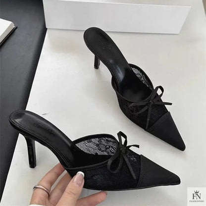 Lace Bowknot Pointed Heels - Fashionnsio