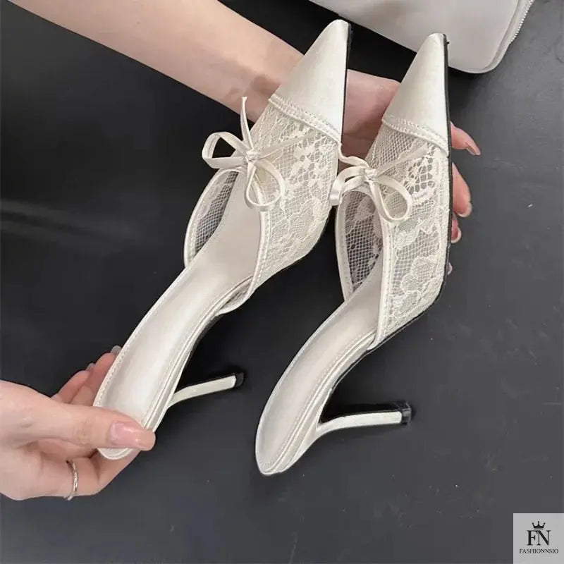 Lace Bowknot Pointed Heels - Fashionnsio