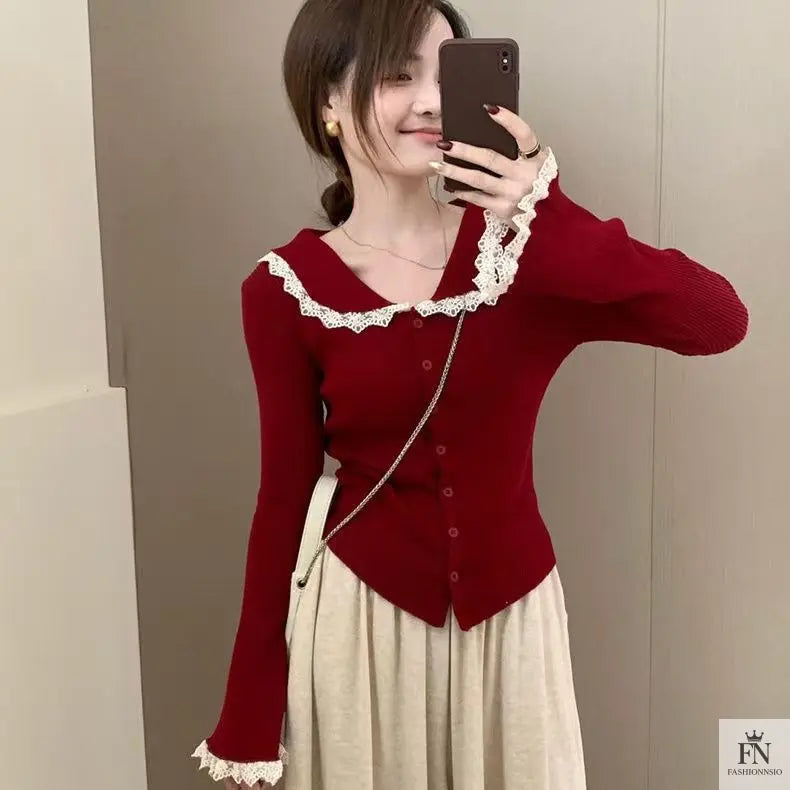 Lace Button Collar Cardigan Top - Fashionnsio