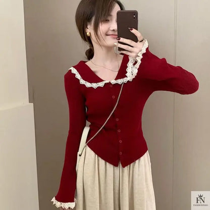 Lace Button Collar Cardigan Top - Fashionnsio