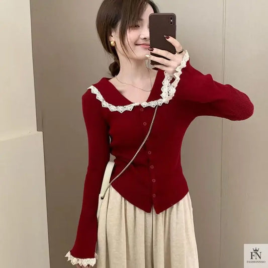 Lace Button Collar Cardigan Top - Fashionnsio