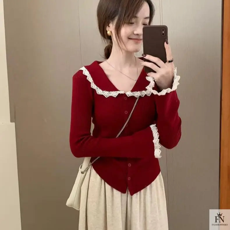 Lace Button Collar Cardigan Top - Fashionnsio