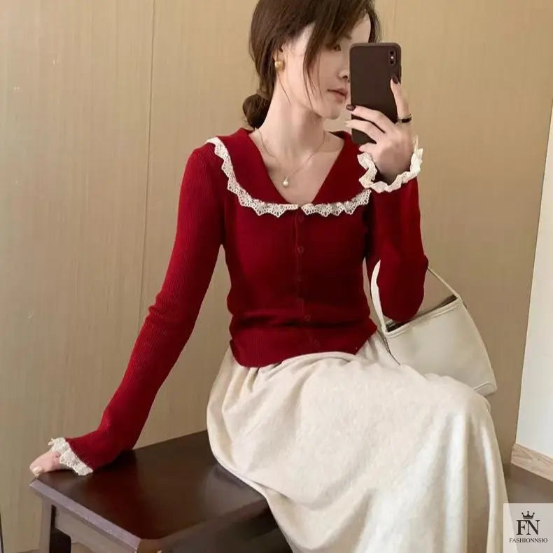 Lace Button Collar Cardigan Top - Fashionnsio