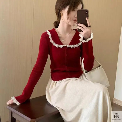 Lace Button Collar Cardigan Top - Fashionnsio