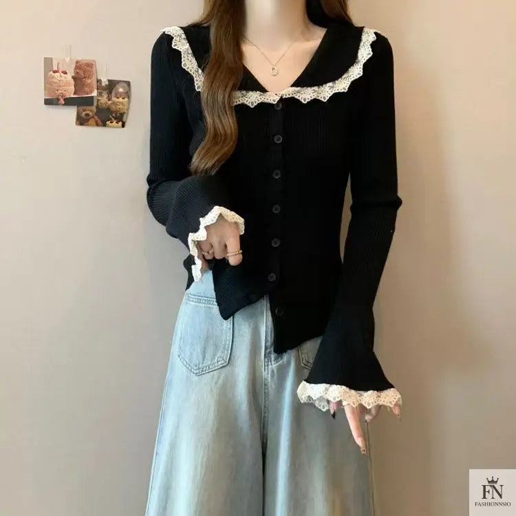 Lace Button Collar Cardigan Top - Fashionnsio