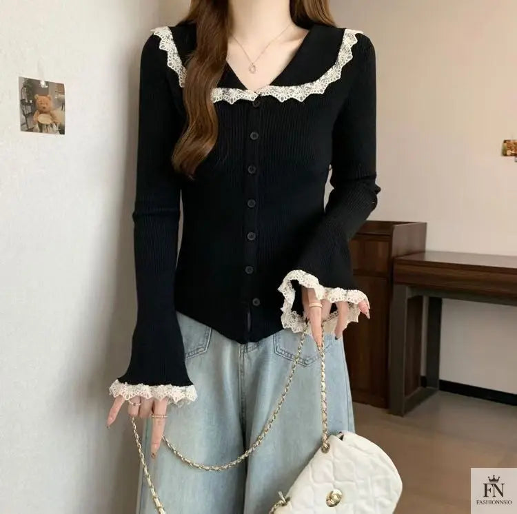 Lace Button Collar Cardigan Top - Fashionnsio