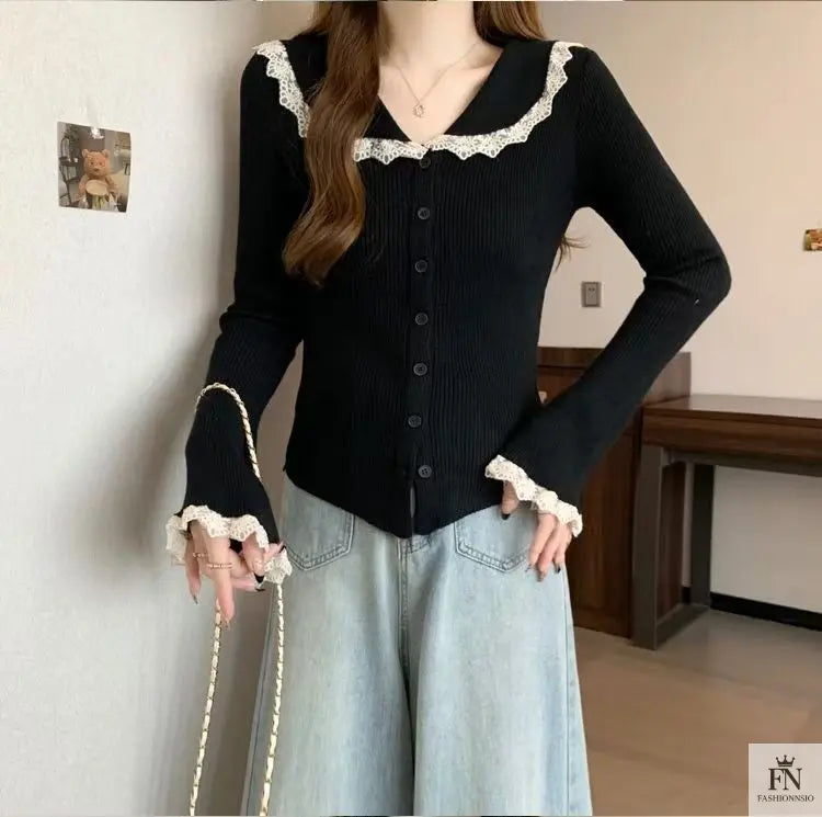 Lace Button Collar Cardigan Top - Fashionnsio