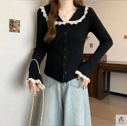 Lace Button Collar Cardigan Top - Fashionnsio