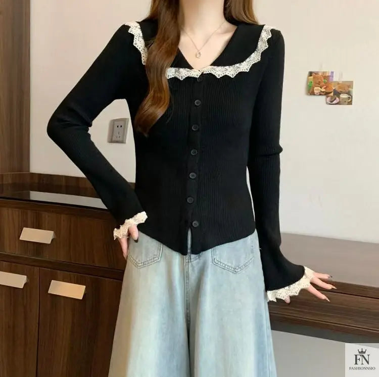 Lace Button Collar Cardigan Top - Fashionnsio