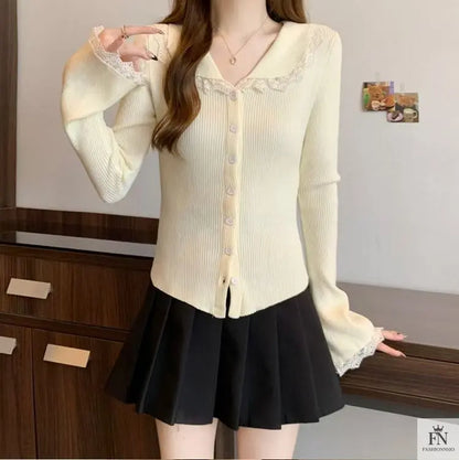 Lace Button Collar Cardigan Top - Fashionnsio