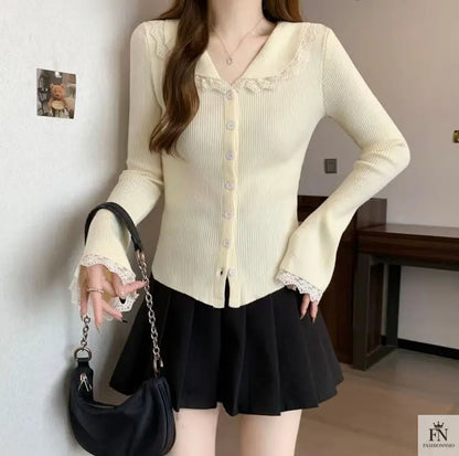 Lace Button Collar Cardigan Top - Fashionnsio