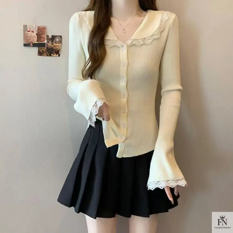 Lace Button Collar Cardigan Top - Fashionnsio