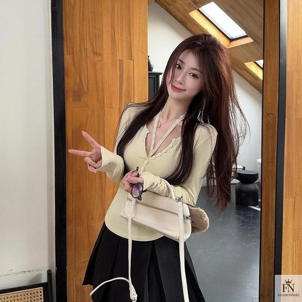 Lace Button Halter Tops - Fashionnsio