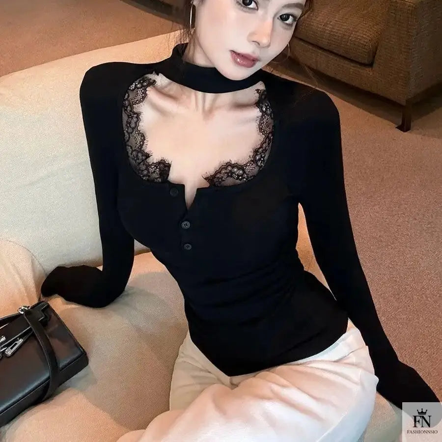 Lace Choker Neck Y2K Top - Fashionnsio