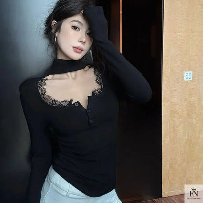 Lace Choker Neck Y2K Top - Fashionnsio
