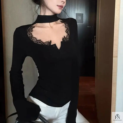 Lace Choker Neck Y2K Top - Fashionnsio