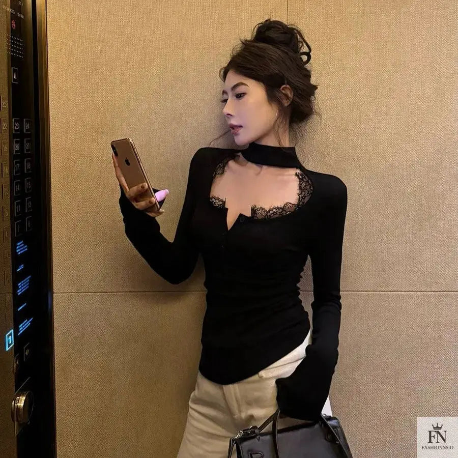 Lace Choker Neck Y2K Top - Fashionnsio
