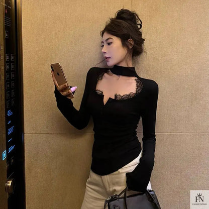 Lace Choker Neck Y2K Top - Fashionnsio