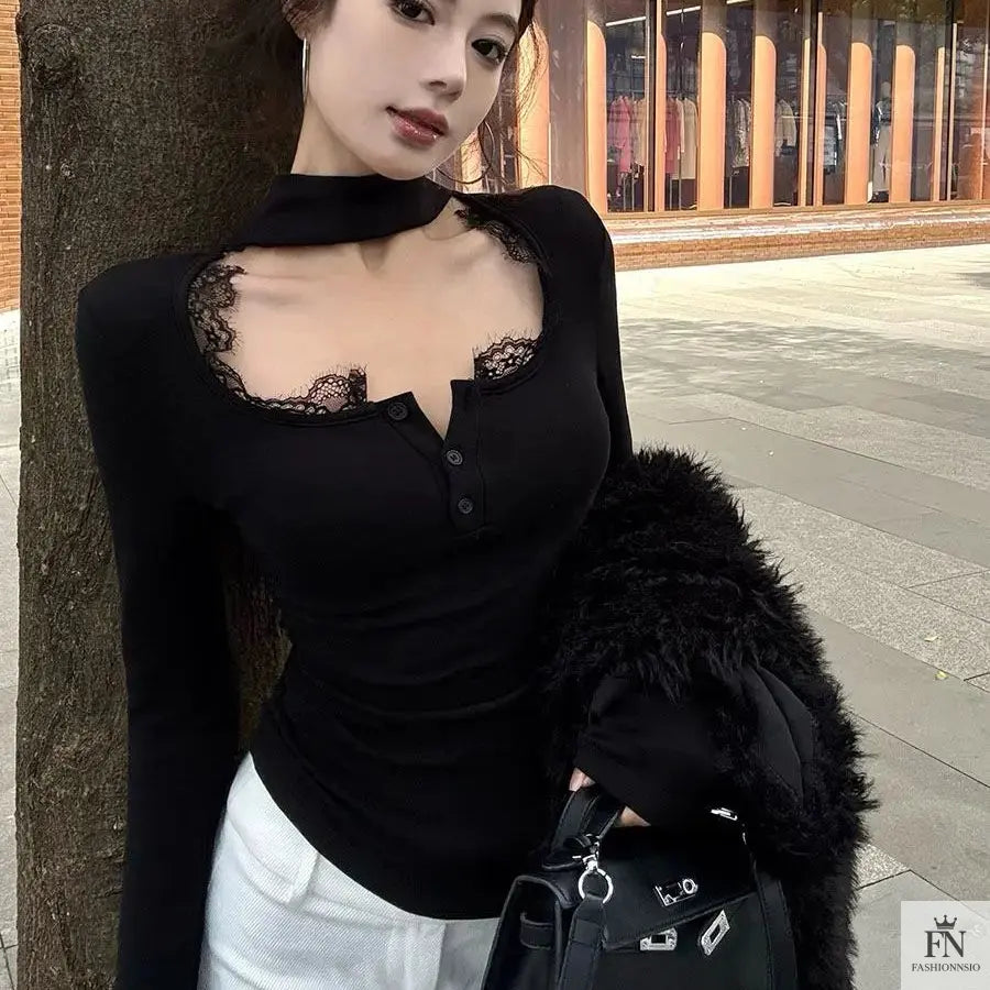 Lace Choker Neck Y2K Top - Fashionnsio