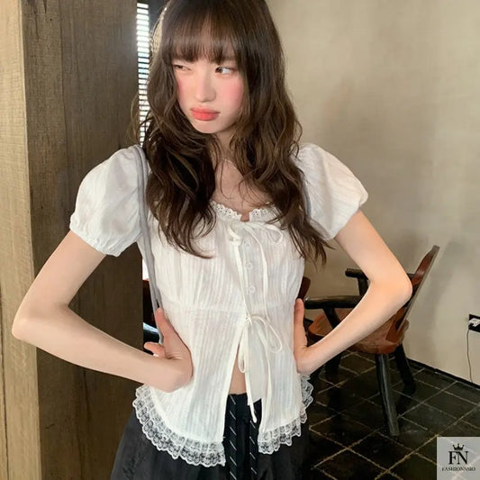 Lace Ruffle Bow Top - Fashionnsio