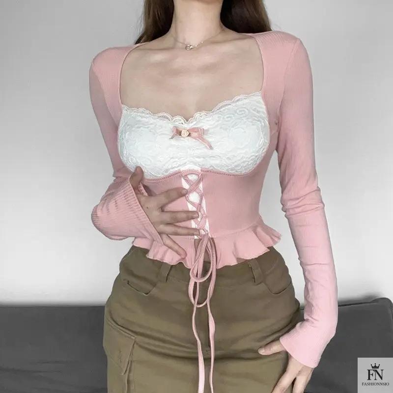 Long Sleeve Patchwork Y2k Top - Fashionnsio