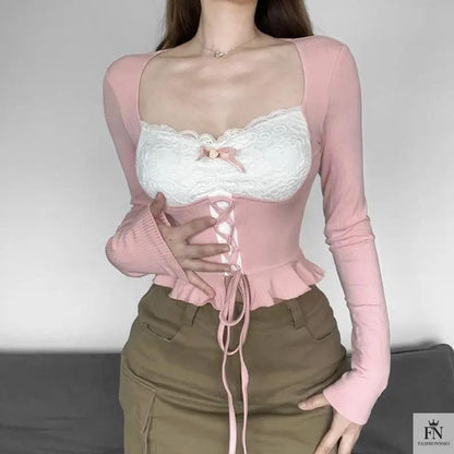 Long Sleeve Patchwork Y2k Top - Fashionnsio