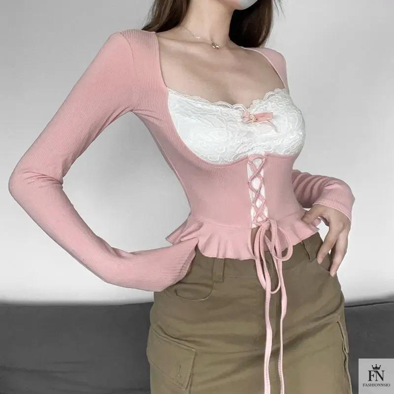 Long Sleeve Patchwork Y2k Top - Fashionnsio