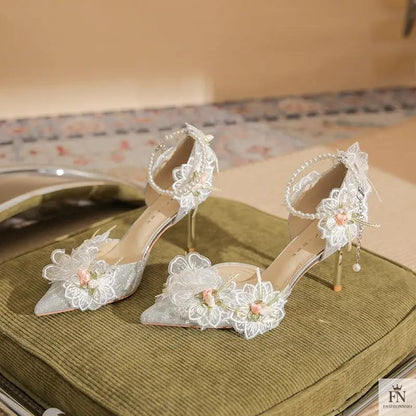 Lace Flower Pearl Pointed Heels - Fashionnsio