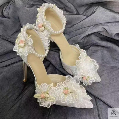 Lace Flower Pearl Pointed Heels - Fashionnsio