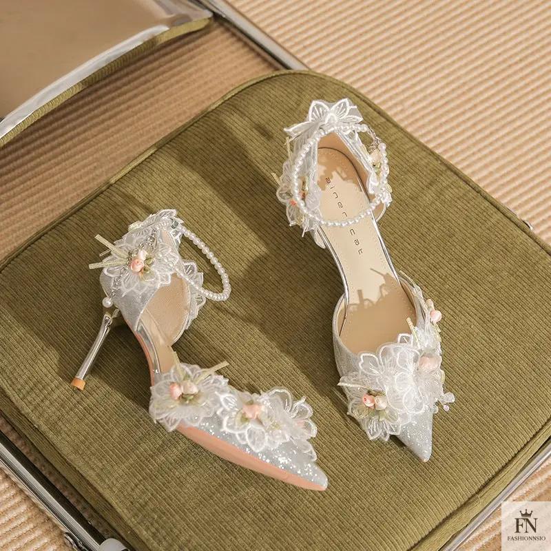 Lace Flower Pearl Pointed Heels - Fashionnsio