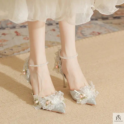 Lace Flower Pearl Pointed Heels - Fashionnsio