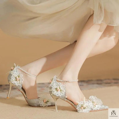 Lace Flower Pearl Pointed Heels - Fashionnsio