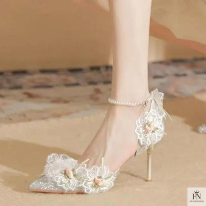 Lace Flower Pearl Pointed Heels - Fashionnsio