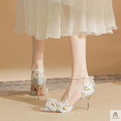 Lace Flower Pearl Pointed Heels - Fashionnsio