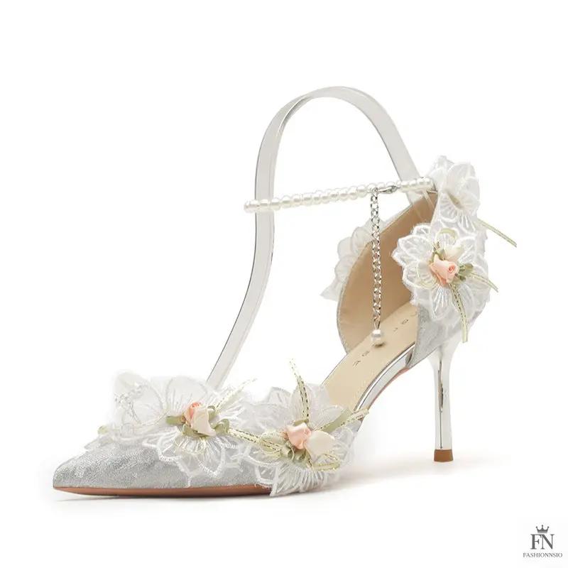 Lace Flower Pearl Pointed Heels - Fashionnsio
