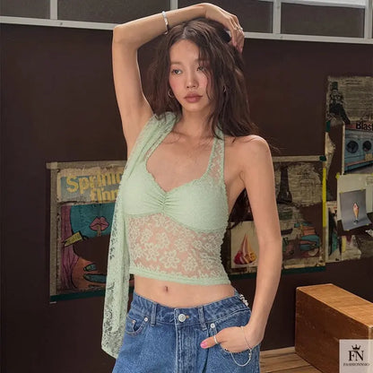 Lace Halter Scarf Crop Top - Fashionnsio