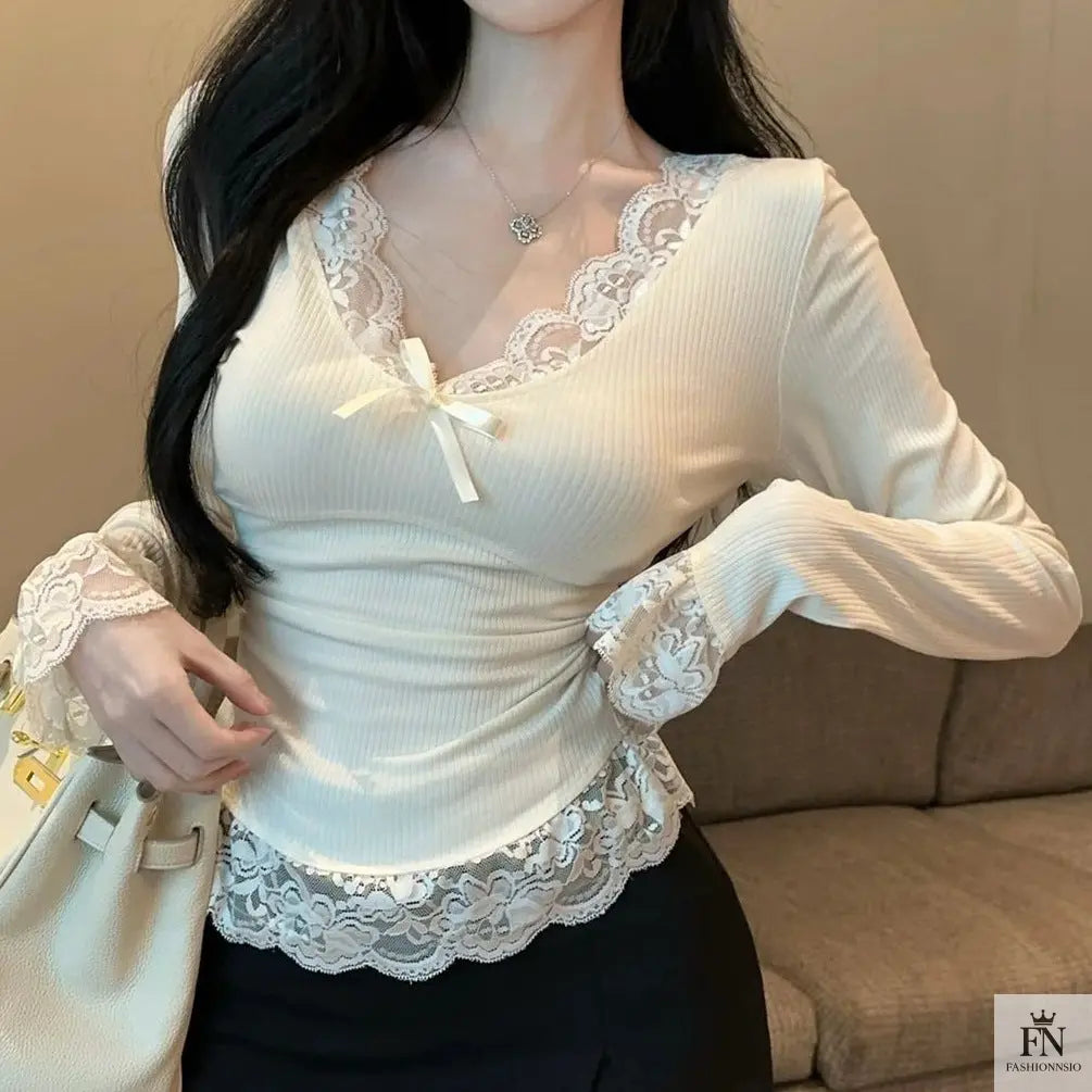 Lace Long Sleeve Bow Top - Fashionnsio