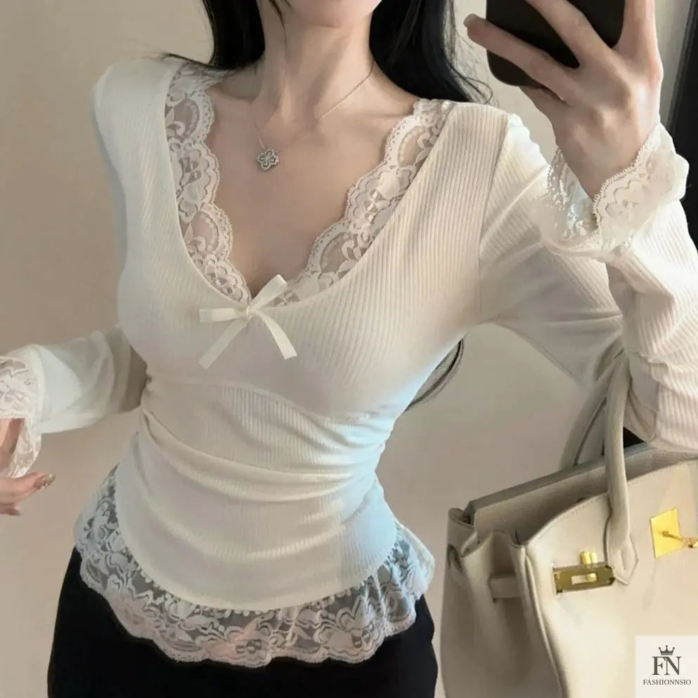 Lace Long Sleeve Bow Top - Fashionnsio