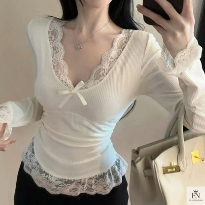 Lace Long Sleeve Bow Top - Fashionnsio