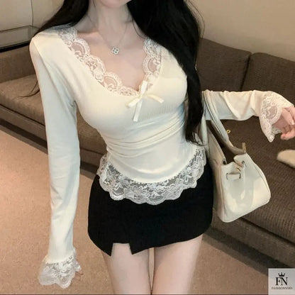 Lace Long Sleeve Bow Top - Fashionnsio