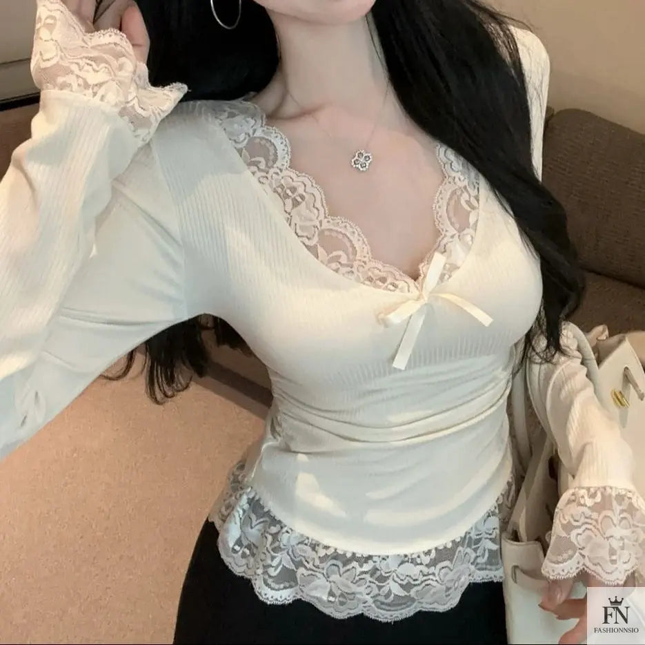 Lace Long Sleeve Bow Top - Fashionnsio