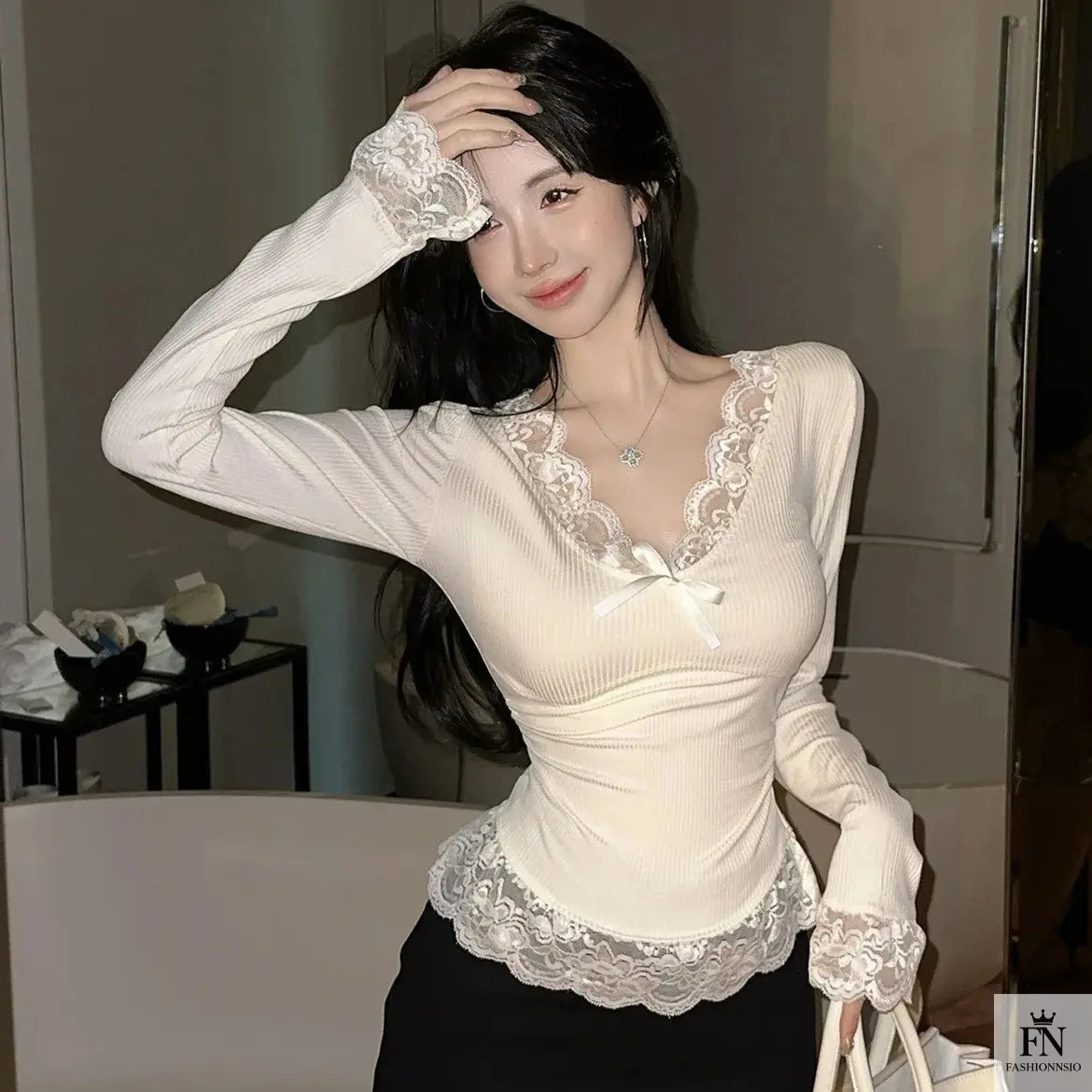 Lace Long Sleeve Bow Top - Fashionnsio